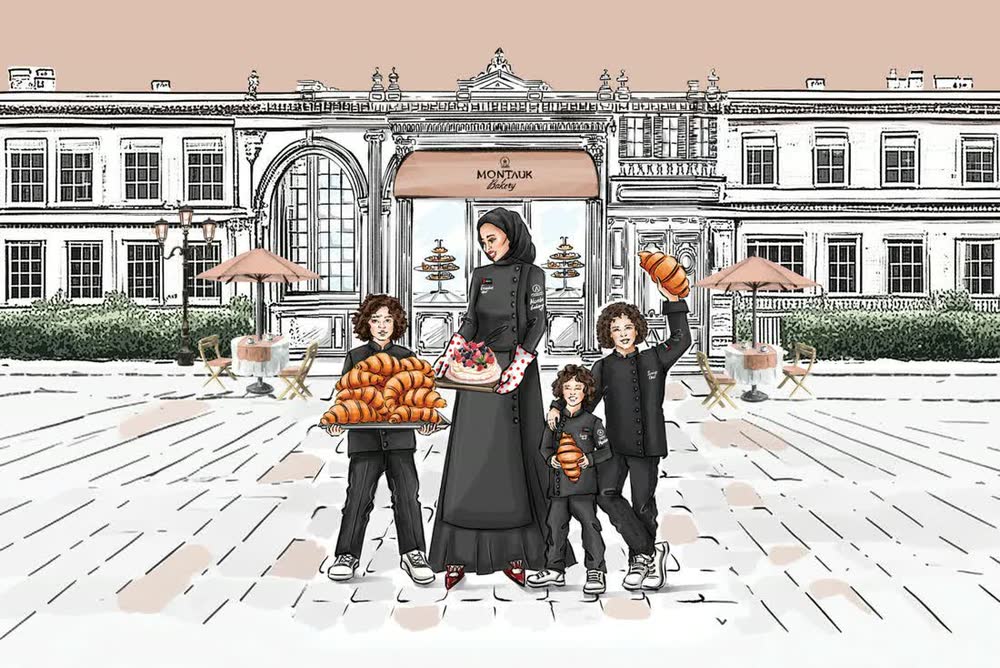 An illustration of the Montauk Bakery storefront with the family outside