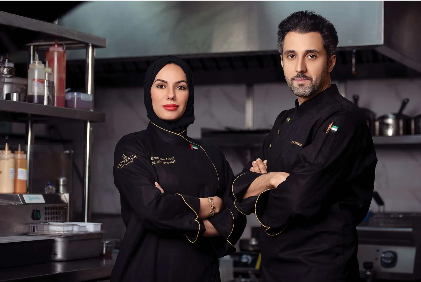Chef Mariam Almansoori and Mohammed Fadhel Al Asfoor in Montauk chef blacks in the kitchen