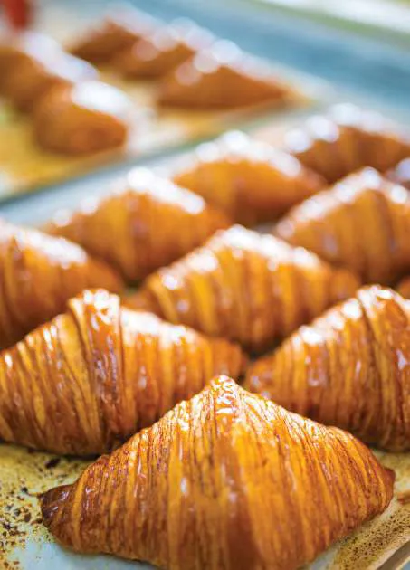 Baklava croissants lined up on the bakery counter
